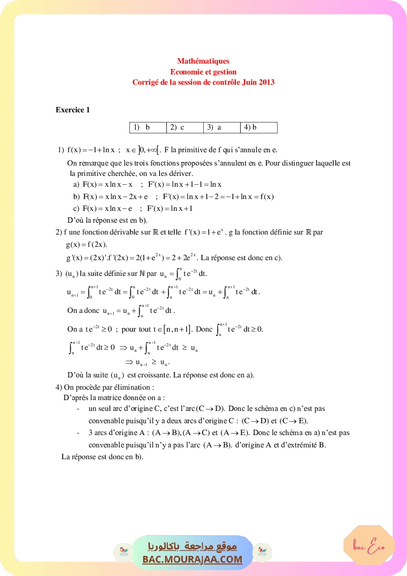 Corrigé controle math Bac 2013 – Section eco